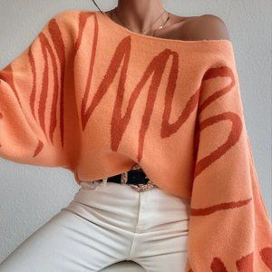 Womens Pullover Boat Neck Pattern Batwing Long Sleeve Oversized Sweaters Fall Wi